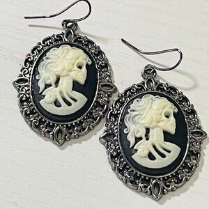 Gothic Skeleton Cameo Dangle Earrings - Victorian-Style Frame